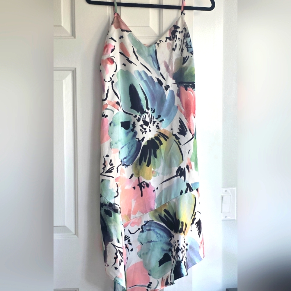 Marciano Asymmetrical Floral Silk Dress - Blue, Pink, Green